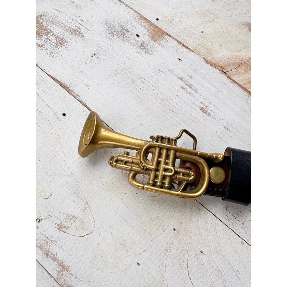 Vintage 70s leather belt Baron solid Brass Buckle cornet trumpet music band 34 - Picture 7 of 16